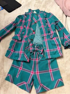 Girls Teal Plaid Matching Jacket & Shorts Set - Brand:Finding Foxtale Sz 6